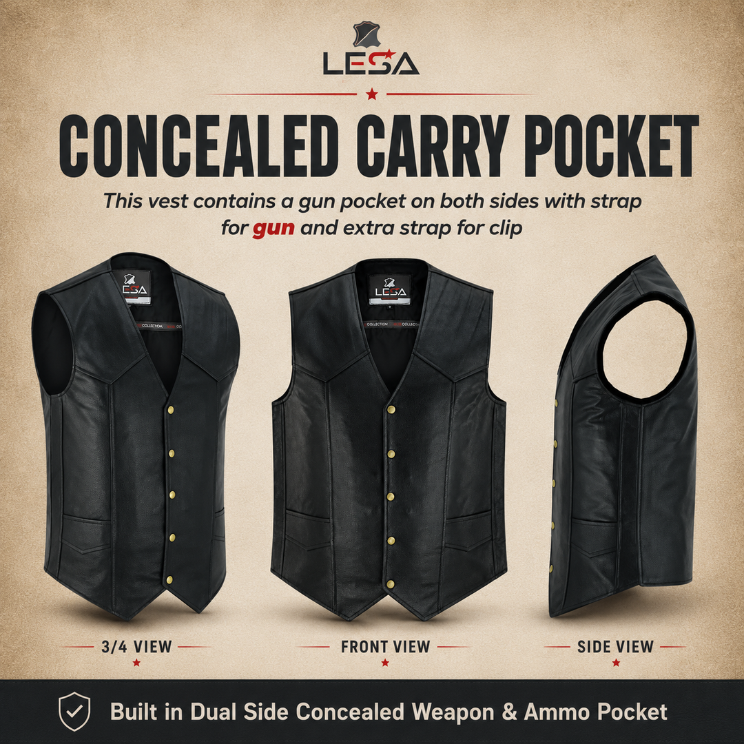 Men’s Black Leather Motorcycle Vest – Cowhide Biker Vest with V-Neck, Concealed Carry Pockets &amp; Snap Closure
