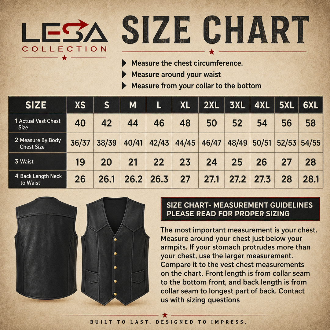 Men’s Black Leather Motorcycle Vest – Cowhide Biker Vest with V-Neck, Concealed Carry Pockets &amp; Snap Closure