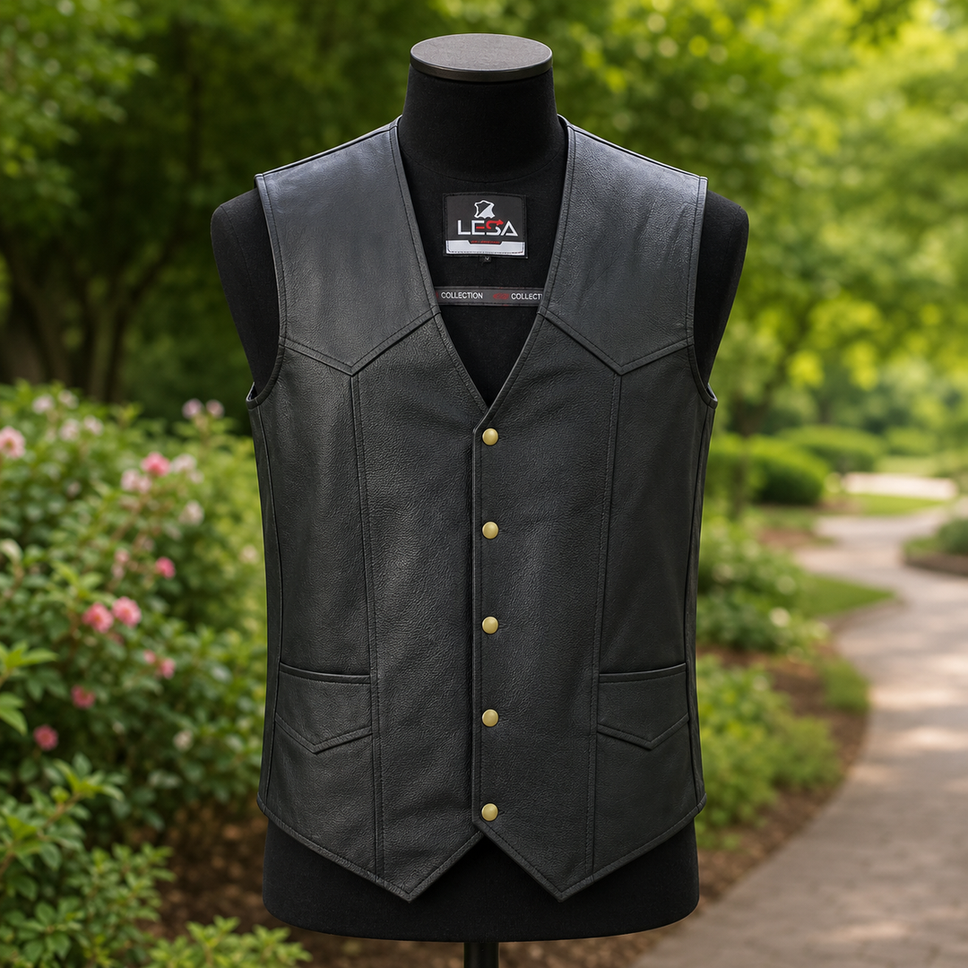 Men’s Black Leather Motorcycle Vest – Cowhide Biker Vest with V-Neck, Concealed Carry Pockets &amp; Snap Closure