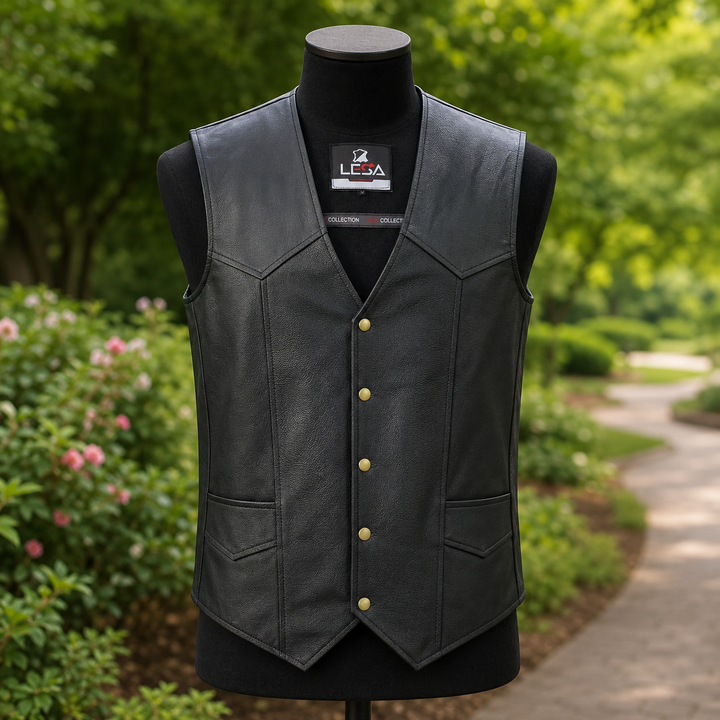 Men’s Black Leather Motorcycle Vest – Cowhide Biker Vest with V-Neck, Concealed Carry Pockets &amp; Snap Closure
