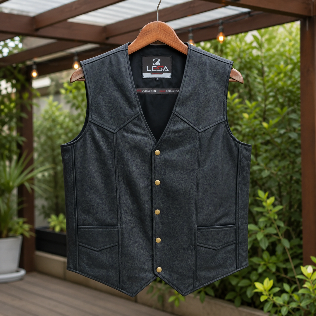 Men’s Black Leather Motorcycle Vest – Cowhide Biker Vest with V-Neck, Concealed Carry Pockets &amp; Snap Closure
