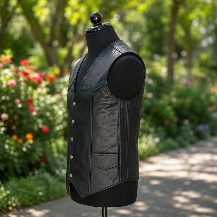 Men’s Black Leather Motorcycle Vest – Cowhide Biker Vest with V-Neck, Concealed Carry Pockets &amp; Snap Closure