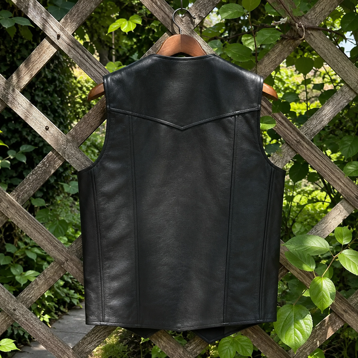Men’s Black Leather Motorcycle Vest – Cowhide Biker Vest with V-Neck, Concealed Carry Pockets &amp; Snap Closure