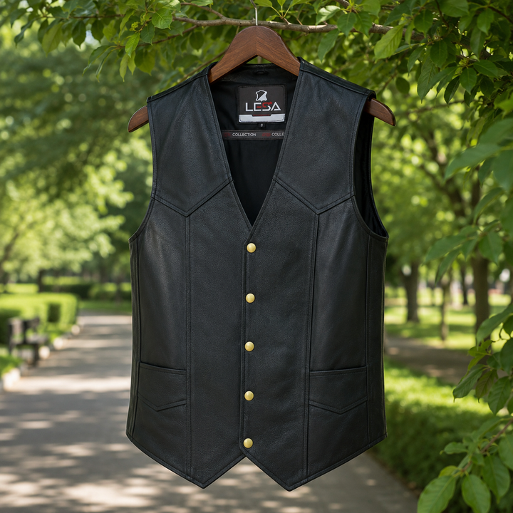 Men’s Black Leather Motorcycle Vest – Cowhide Biker Vest with V-Neck, Concealed Carry Pockets &amp; Snap Closure