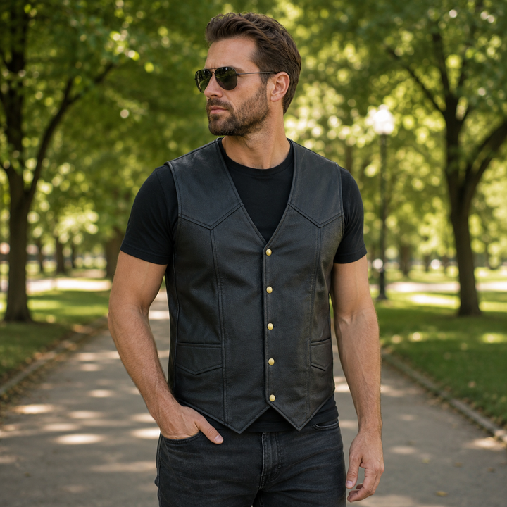 Men’s Black Leather Motorcycle Vest – Cowhide Biker Vest with V-Neck, Concealed Carry Pockets &amp; Snap Closure