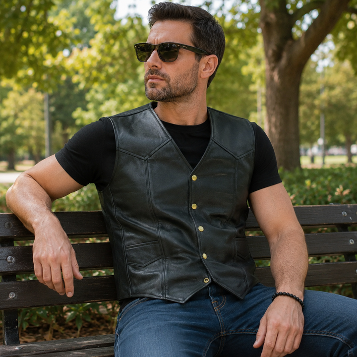 Men’s Black Leather Motorcycle Vest – Cowhide Biker Vest with V-Neck, Concealed Carry Pockets &amp; Snap Closure