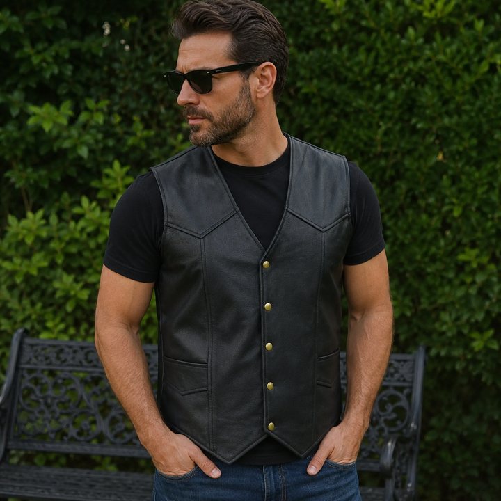 Men’s Black Leather Motorcycle Vest – Cowhide Biker Vest with V-Neck, Concealed Carry Pockets &amp; Snap Closure
