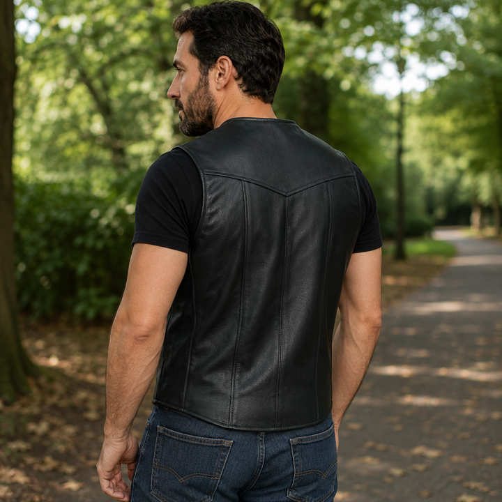 Men’s Black Leather Motorcycle Vest – Cowhide Biker Vest with V-Neck, Concealed Carry Pockets &amp; Snap Closure