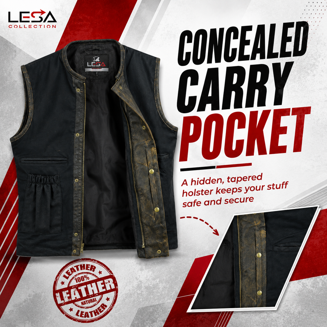 Collarless Men’s Cordura Motorcycle Vest – Textile Biker Vest with Cowhide Leather Trim, Concealed Carry Pockets &amp; Dual Closure