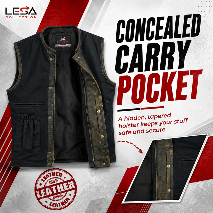 Collarless Men’s Cordura Motorcycle Vest – Textile Biker Vest with Cowhide Leather Trim, Concealed Carry Pockets &amp; Dual Closure