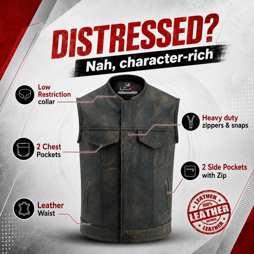 Collarless Men’s Cordura Motorcycle Vest – Textile Biker Vest with Cowhide Leather Trim, Concealed Carry Pockets &amp; Dual Closure