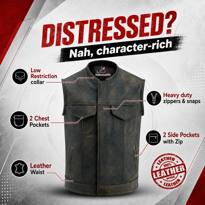 Collarless Men’s Cordura Motorcycle Vest – Textile Biker Vest with Cowhide Leather Trim, Concealed Carry Pockets &amp; Dual Closure