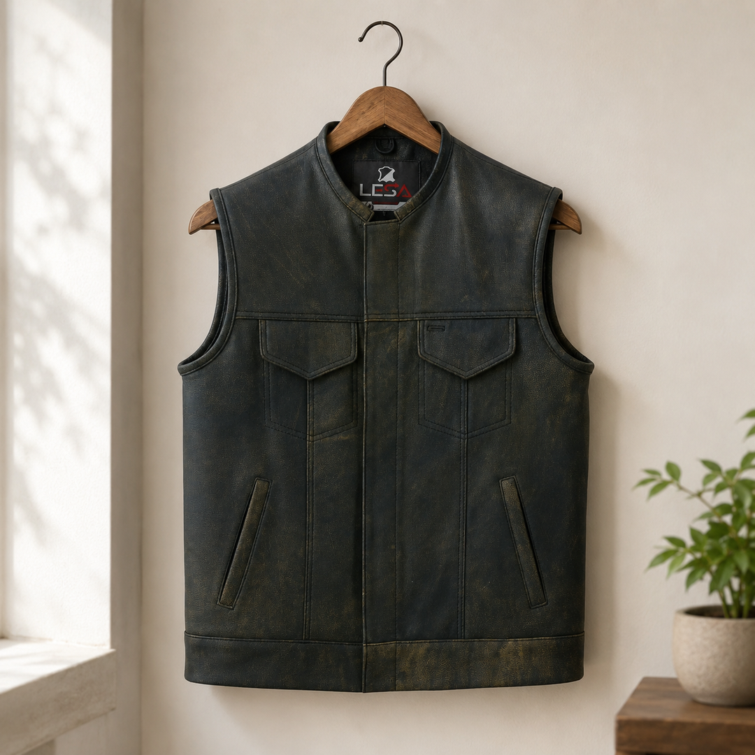 Collarless Men’s Cordura Motorcycle Vest – Textile Biker Vest with Cowhide Leather Trim, Concealed Carry Pockets &amp; Dual Closure