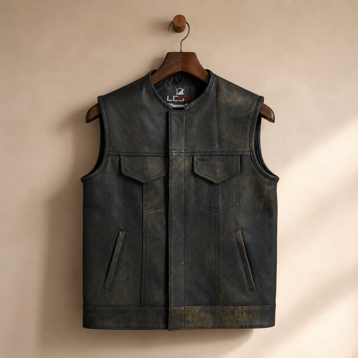 Collarless Men’s Cordura Motorcycle Vest – Textile Biker Vest with Cowhide Leather Trim, Concealed Carry Pockets &amp; Dual Closure