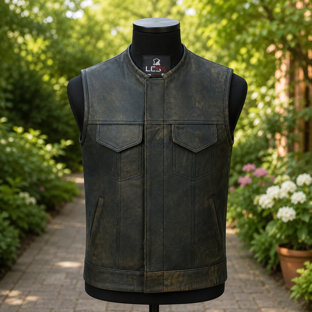 Collarless Men’s Cordura Motorcycle Vest – Textile Biker Vest with Cowhide Leather Trim, Concealed Carry Pockets &amp; Dual Closure