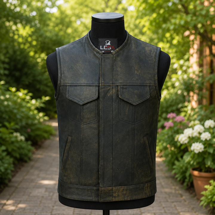 Collarless Men’s Cordura Motorcycle Vest – Textile Biker Vest with Cowhide Leather Trim, Concealed Carry Pockets &amp; Dual Closure