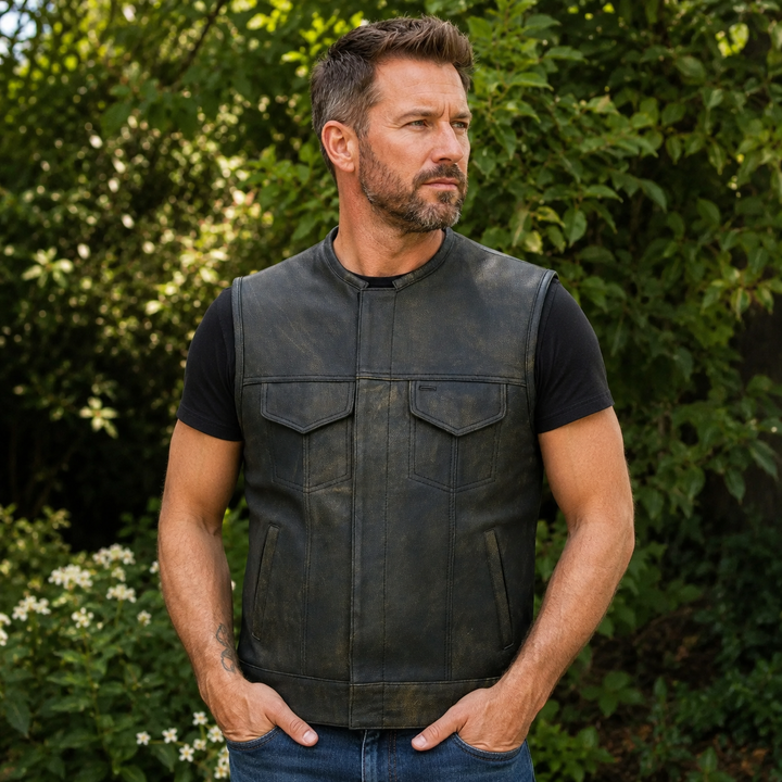 Collarless Men’s Cordura Motorcycle Vest – Textile Biker Vest with Cowhide Leather Trim, Concealed Carry Pockets &amp; Dual Closure
