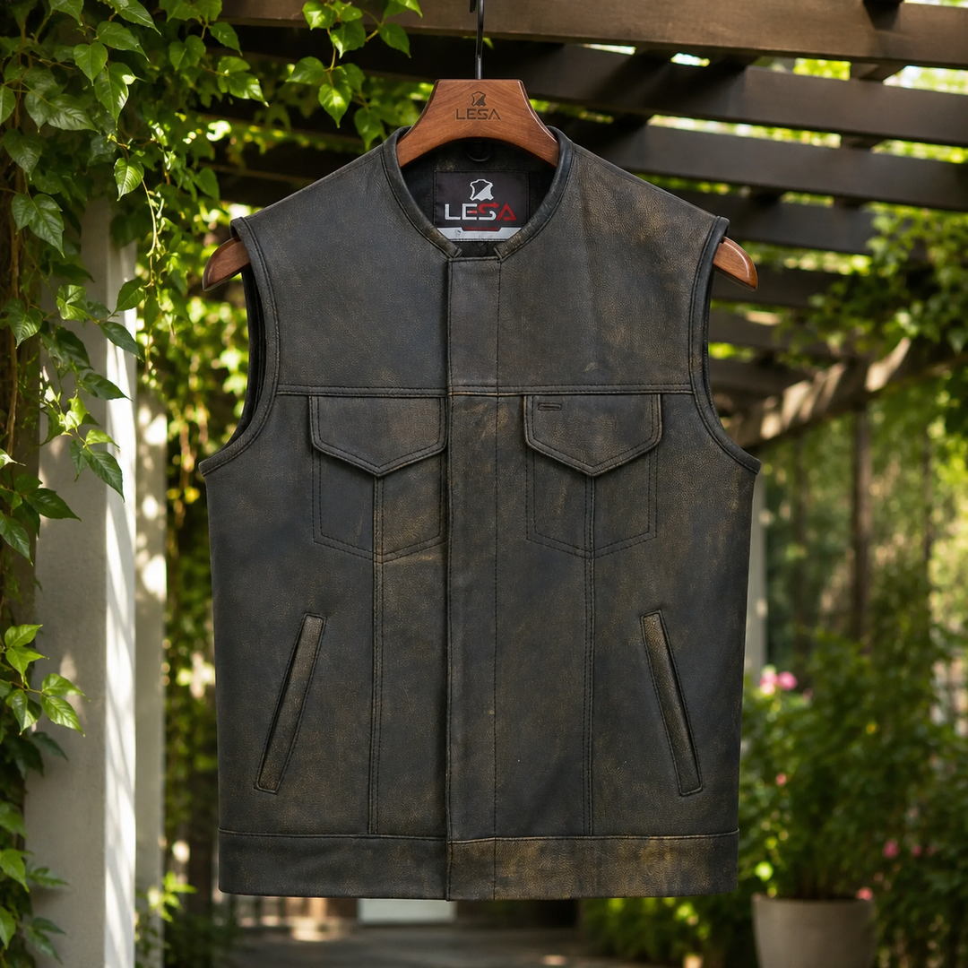 Collarless Men’s Cordura Motorcycle Vest – Textile Biker Vest with Cowhide Leather Trim, Concealed Carry Pockets &amp; Dual Closure