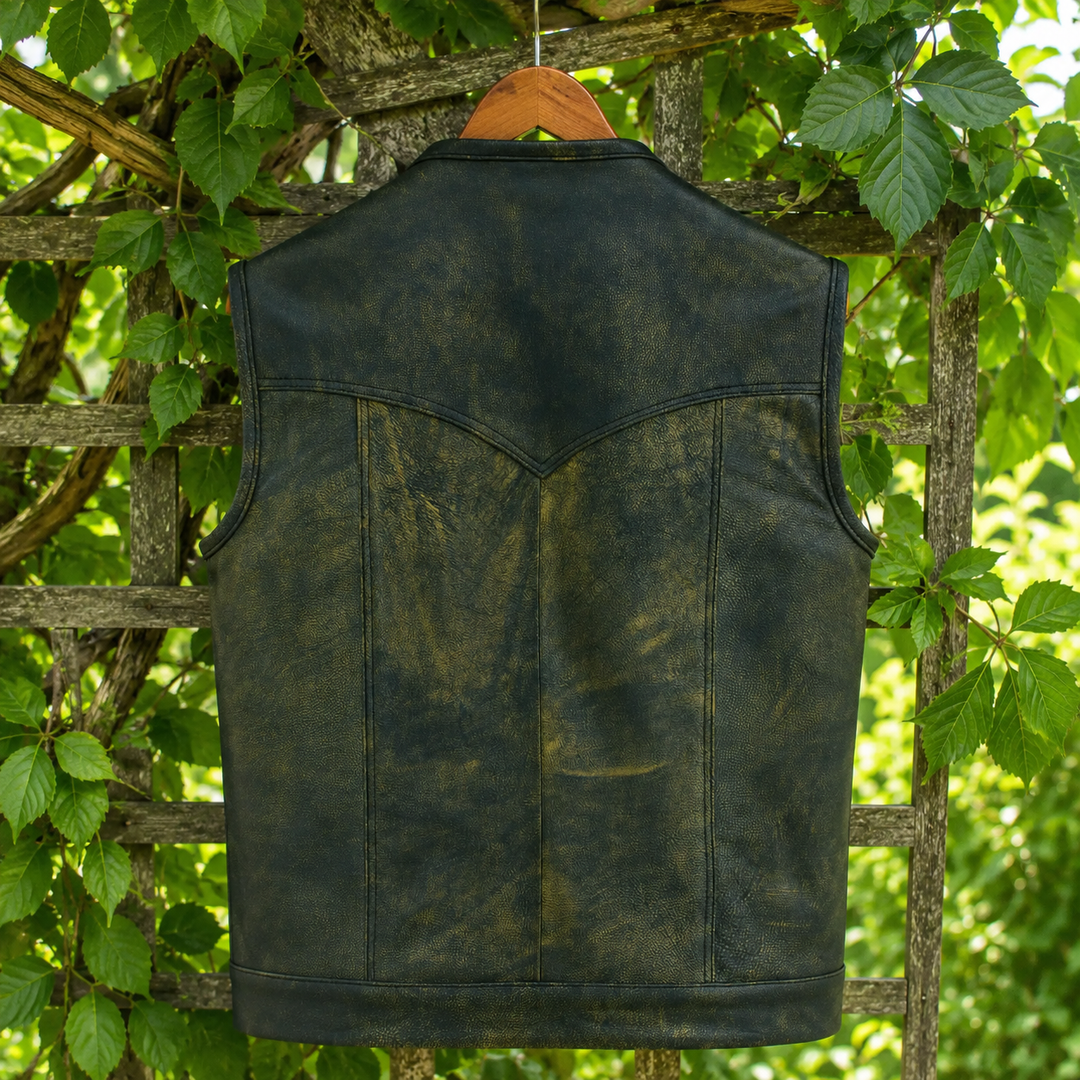 Collarless Men’s Cordura Motorcycle Vest – Textile Biker Vest with Cowhide Leather Trim, Concealed Carry Pockets &amp; Dual Closure