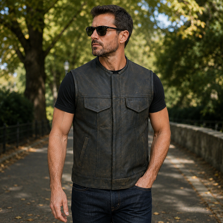 Collarless Men’s Cordura Motorcycle Vest – Textile Biker Vest with Cowhide Leather Trim, Concealed Carry Pockets &amp; Dual Closure