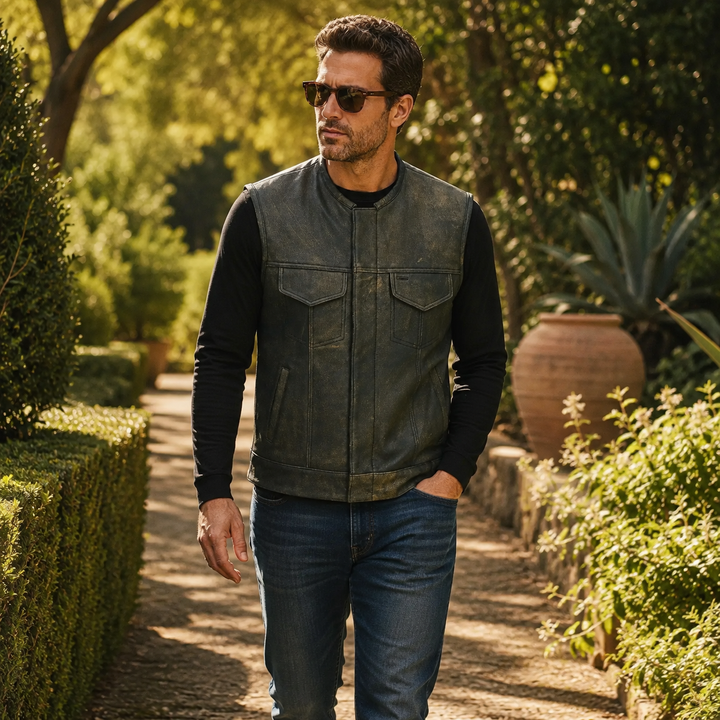 Collarless Men’s Cordura Motorcycle Vest – Textile Biker Vest with Cowhide Leather Trim, Concealed Carry Pockets &amp; Dual Closure