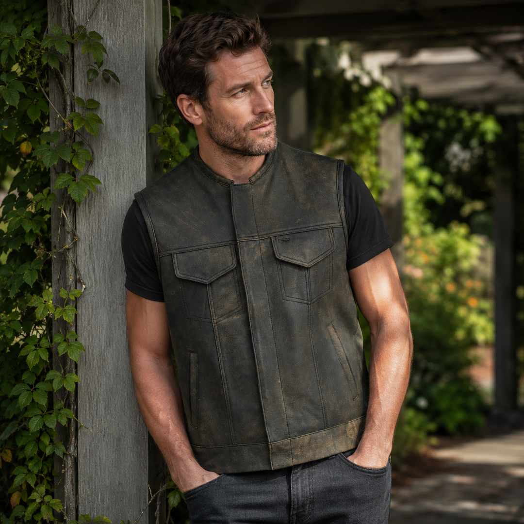 Collarless Men’s Cordura Motorcycle Vest – Textile Biker Vest with Cowhide Leather Trim, Concealed Carry Pockets &amp; Dual Closure
