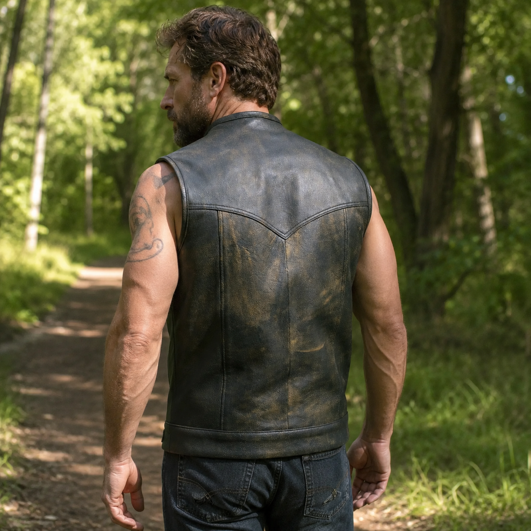 Collarless Men’s Cordura Motorcycle Vest – Textile Biker Vest with Cowhide Leather Trim, Concealed Carry Pockets &amp; Dual Closure