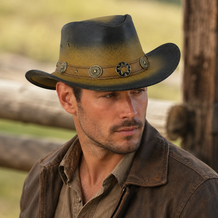 Old Faithful Leather Cowboy Hat for Men &amp; Women – Western Outback Hat with Smoke Edges &amp; Shapeable Brim