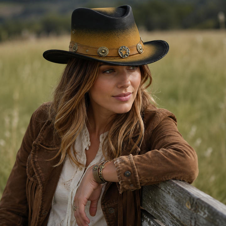 Old Faithful Leather Cowboy Hat for Men &amp; Women – Western Outback Hat with Smoke Edges &amp; Shapeable Brim