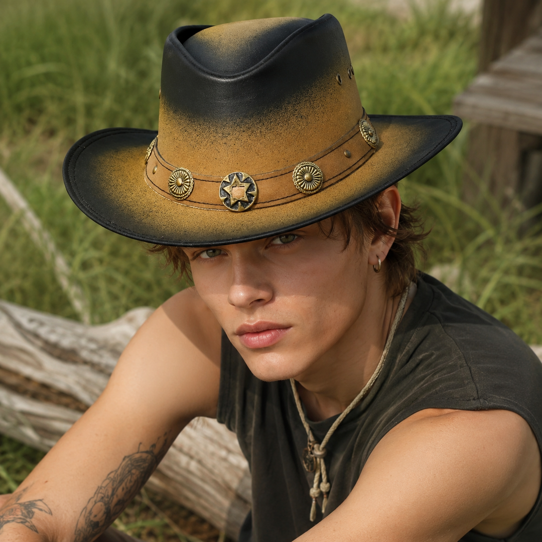 Old Faithful Leather Cowboy Hat for Men &amp; Women – Western Outback Hat with Smoke Edges &amp; Shapeable Brim