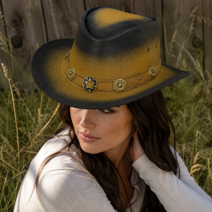Old Faithful Leather Cowboy Hat for Men &amp; Women – Western Outback Hat with Smoke Edges &amp; Shapeable Brim