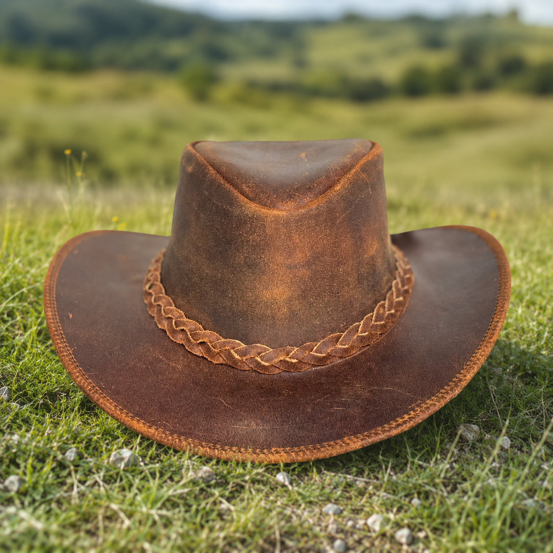 Vintage Gunner Leather Cowboy Hat for Men &amp; Women – Handmade Western Outback Hat with Braided Band, Shapeable Brim