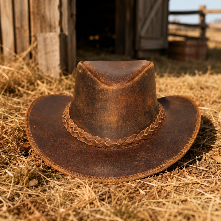 Vintage Gunner Leather Cowboy Hat for Men &amp; Women – Handmade Western Outback Hat with Braided Band, Shapeable Brim
