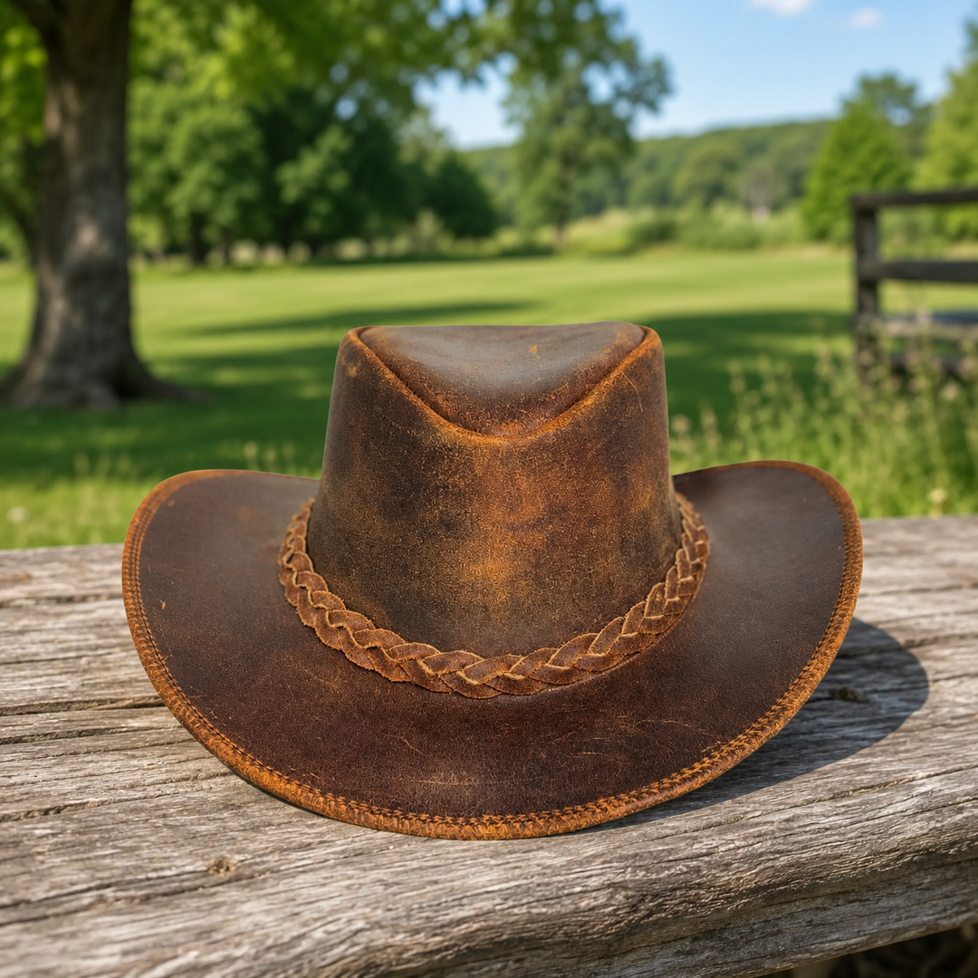 Vintage Gunner Leather Cowboy Hat for Men &amp; Women – Handmade Western Outback Hat with Braided Band, Shapeable Brim