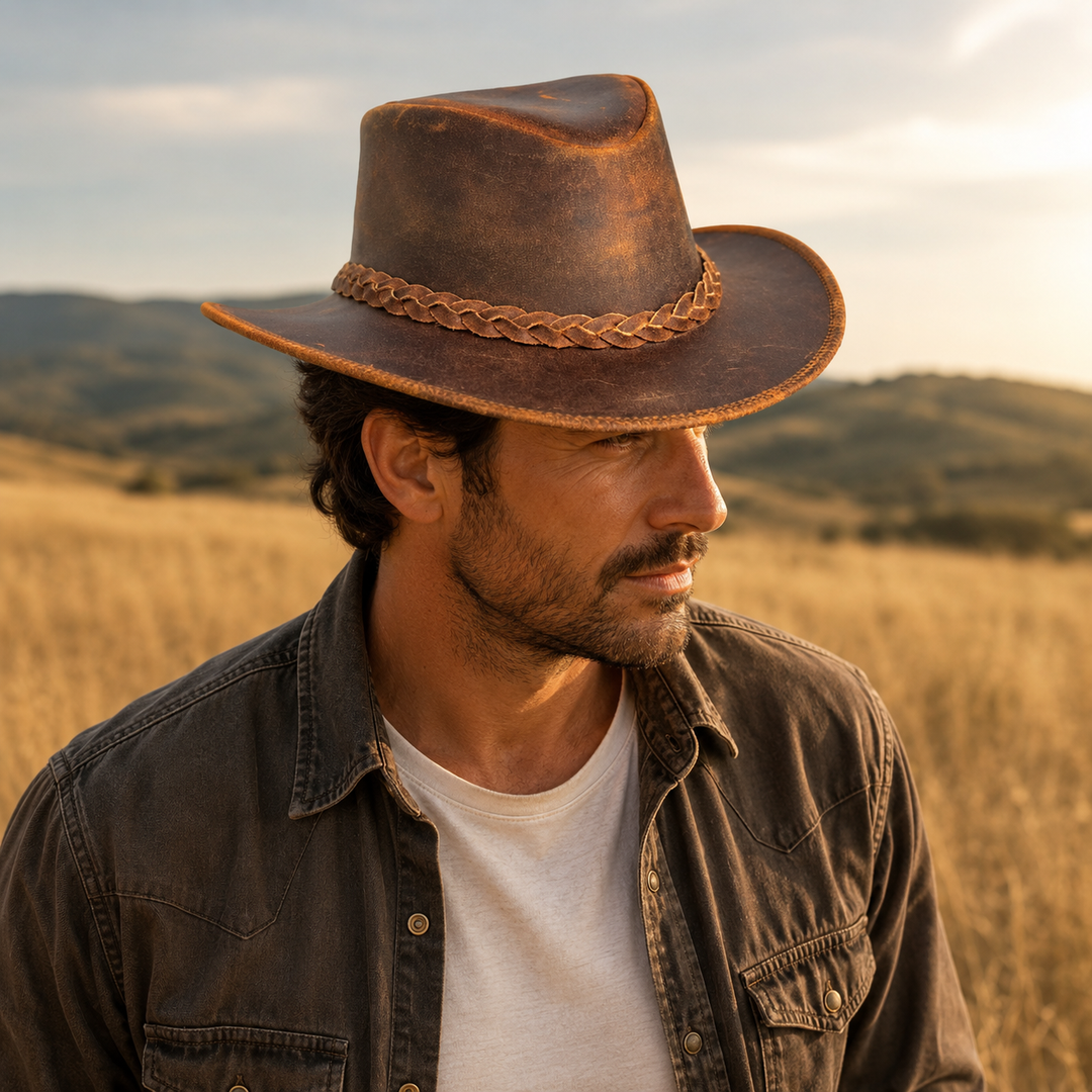 Vintage Gunner Leather Cowboy Hat for Men &amp; Women – Handmade Western Outback Hat with Braided Band, Shapeable Brim