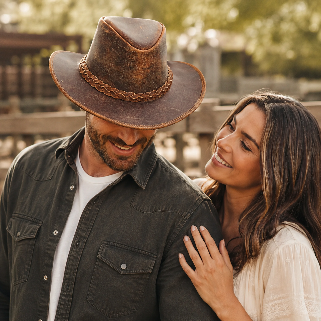 Vintage Gunner Leather Cowboy Hat for Men &amp; Women – Handmade Western Outback Hat with Braided Band, Shapeable Brim