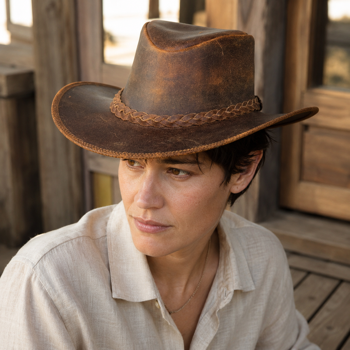 Vintage Gunner Leather Cowboy Hat for Men &amp; Women – Handmade Western Outback Hat with Braided Band, Shapeable Brim