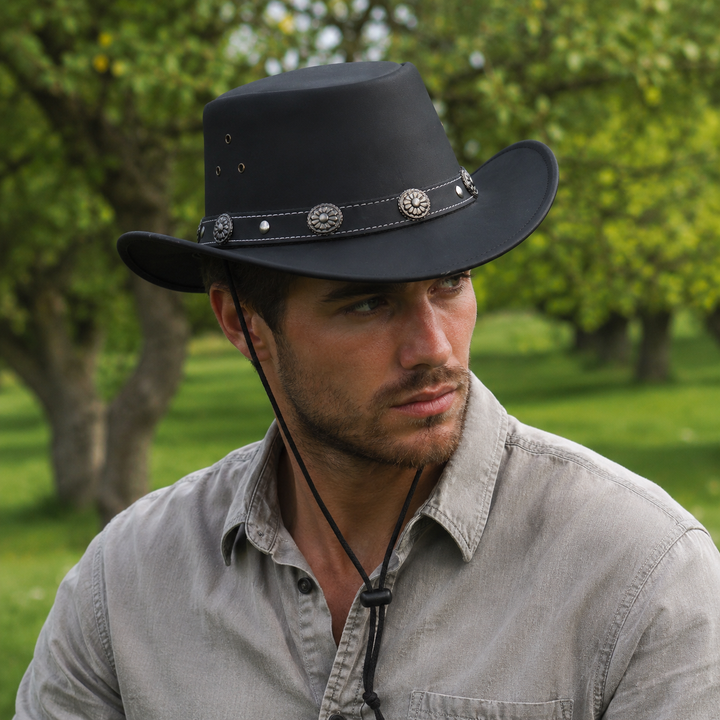 Capri Leather Cowboy Hat for Men &amp; Women – Genuine Leather Western Outback Hat with Shapeable Brim &amp; Chinstrap