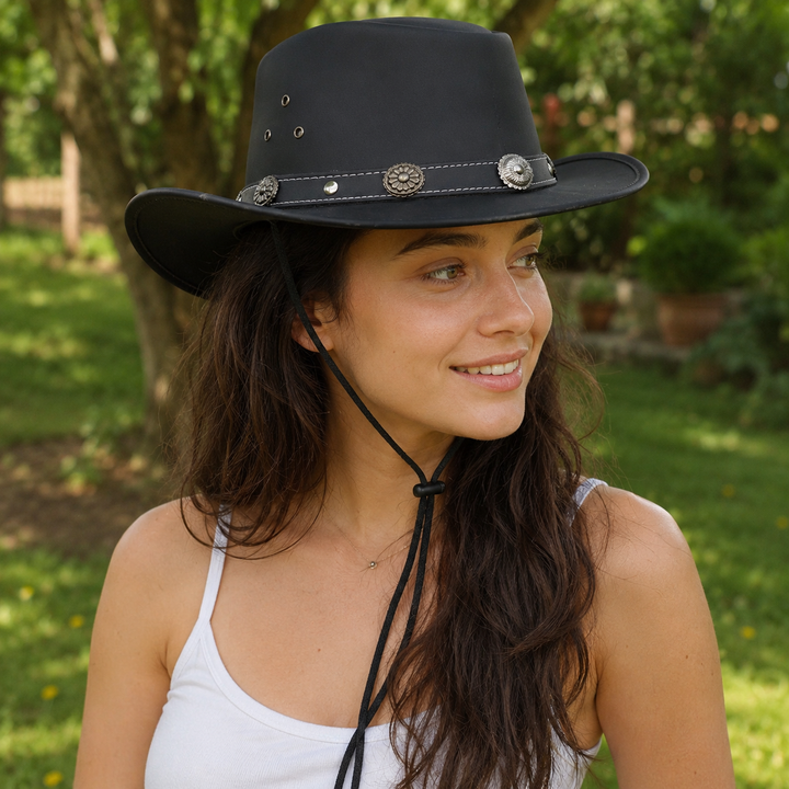 Capri Leather Cowboy Hat for Men &amp; Women – Genuine Leather Western Outback Hat with Shapeable Brim &amp; Chinstrap