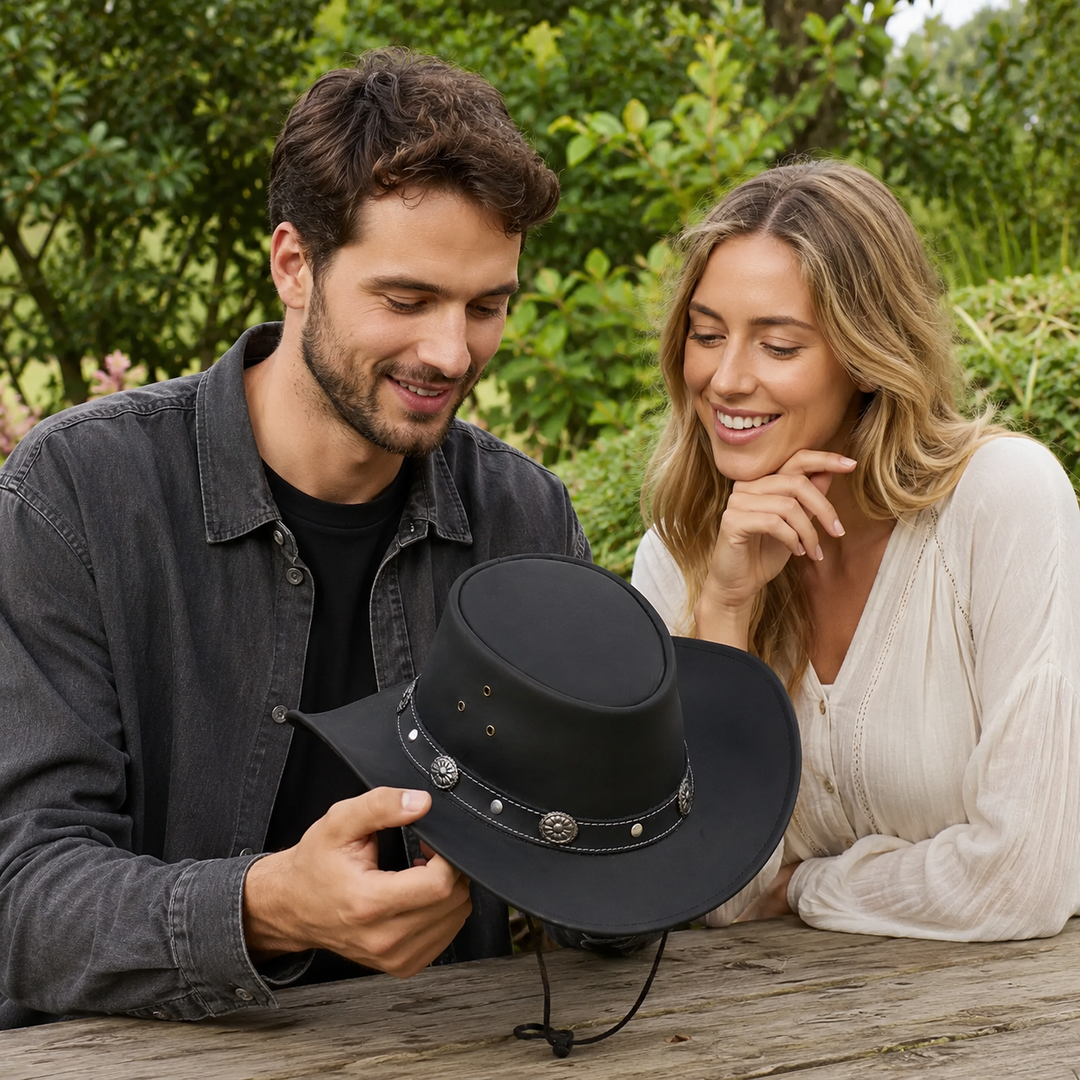 Capri Leather Cowboy Hat for Men &amp; Women – Genuine Leather Western Outback Hat with Shapeable Brim &amp; Chinstrap