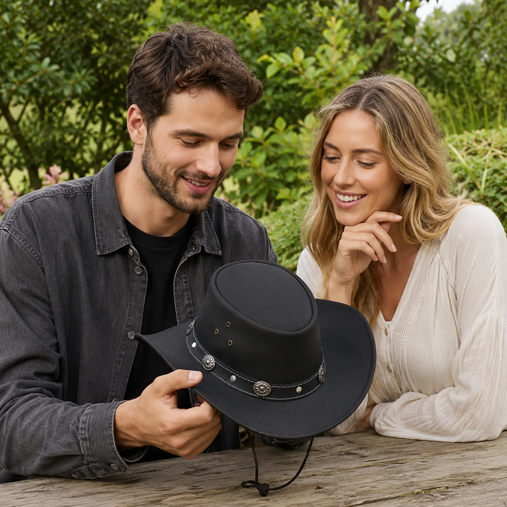 Capri Leather Cowboy Hat for Men &amp; Women – Genuine Leather Western Outback Hat with Shapeable Brim &amp; Chinstrap
