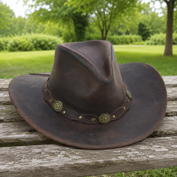 Deadwood Leather Cowboy Hat for Men &amp; Women - Handcrafted Genuine Leather with Conchos Band, Distressed Western Hat