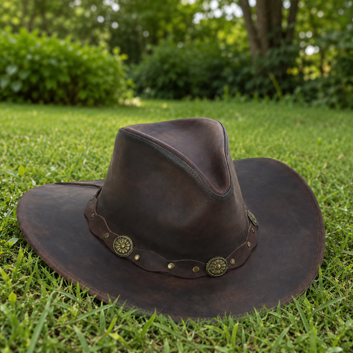 Deadwood Leather Cowboy Hat for Men &amp; Women - Handcrafted Genuine Leather with Conchos Band, Distressed Western Hat