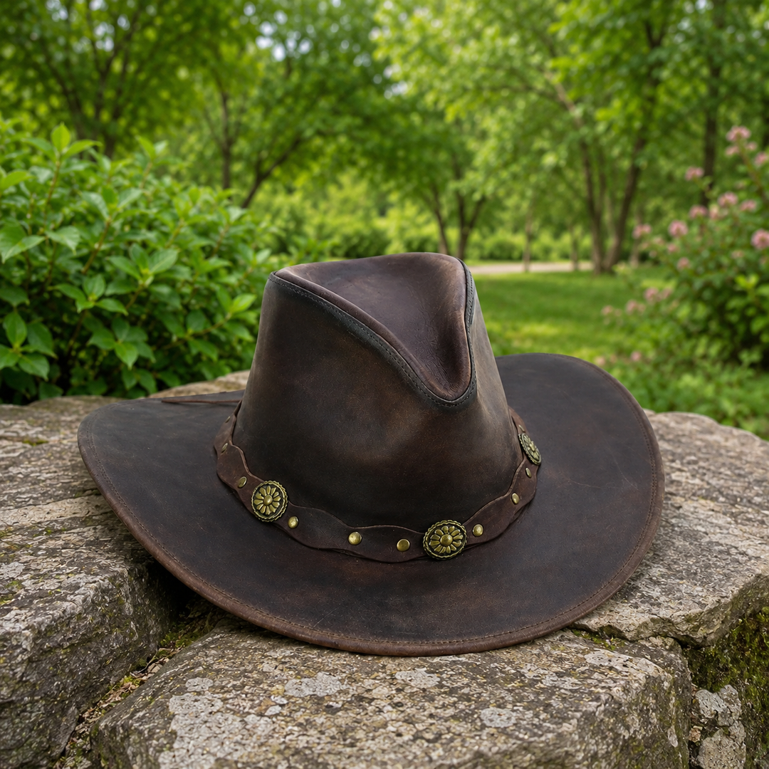 Deadwood Leather Cowboy Hat for Men &amp; Women - Handcrafted Genuine Leather with Conchos Band, Distressed Western Hat