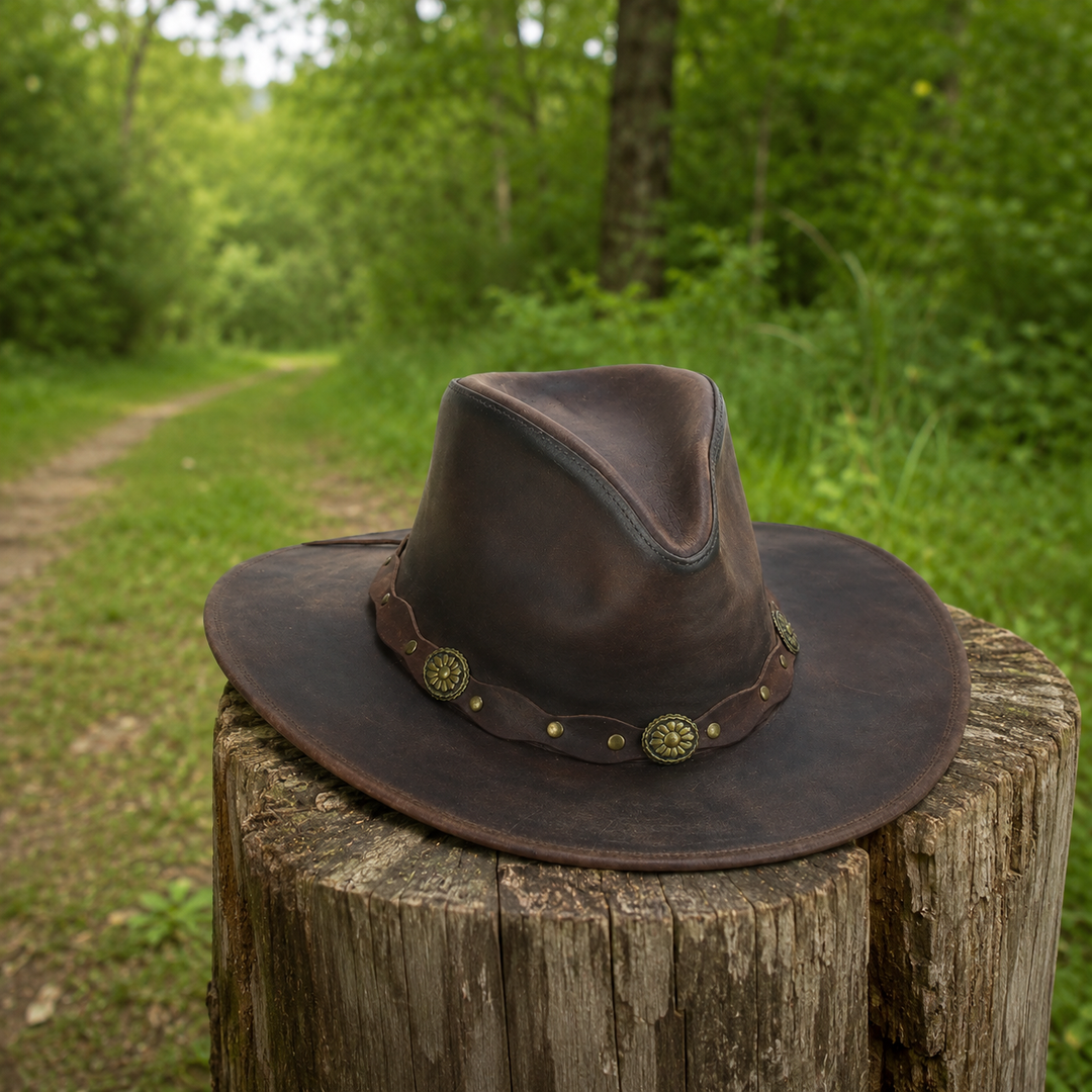 Deadwood Leather Cowboy Hat for Men &amp; Women - Handcrafted Genuine Leather with Conchos Band, Distressed Western Hat