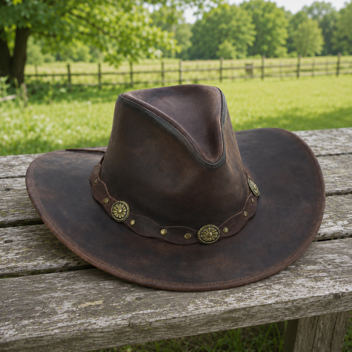 Deadwood Leather Cowboy Hat for Men &amp; Women - Handcrafted Genuine Leather with Conchos Band, Distressed Western Hat