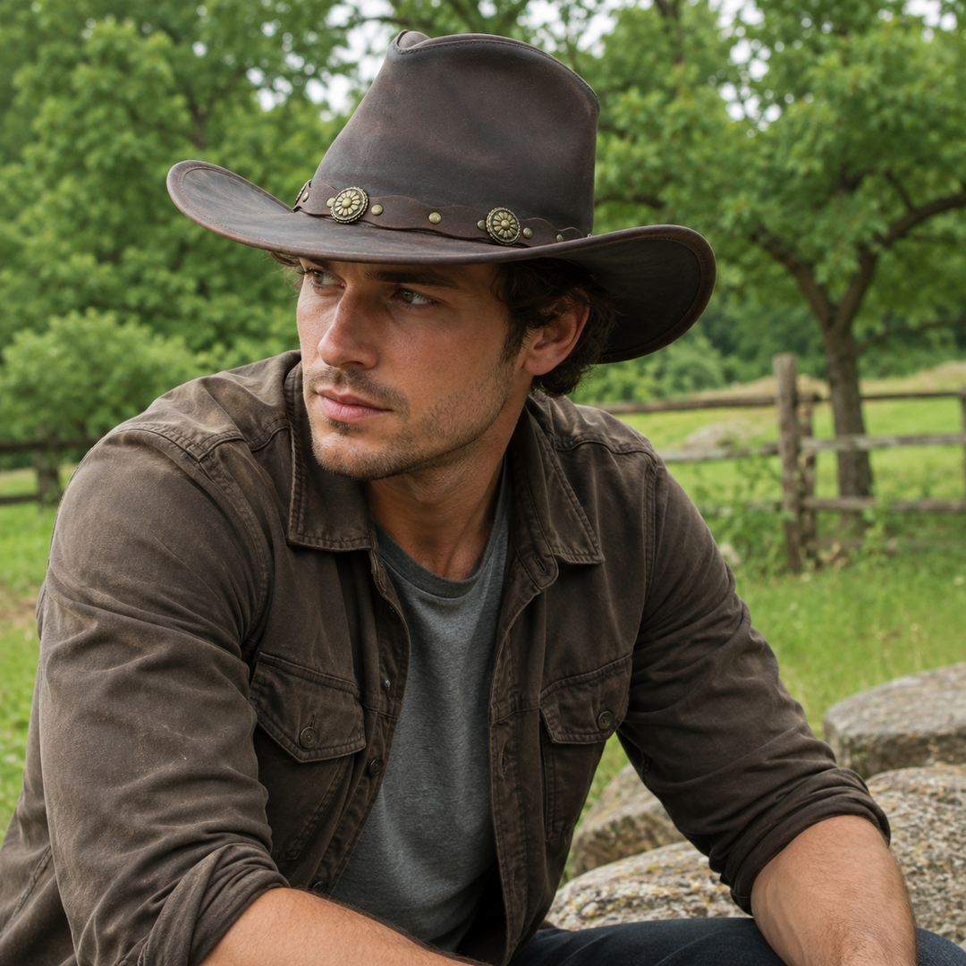 Deadwood Leather Cowboy Hat for Men &amp; Women - Handcrafted Genuine Leather with Conchos Band, Distressed Western Hat