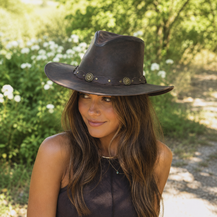Deadwood Leather Cowboy Hat for Men &amp; Women - Handcrafted Genuine Leather with Conchos Band, Distressed Western Hat