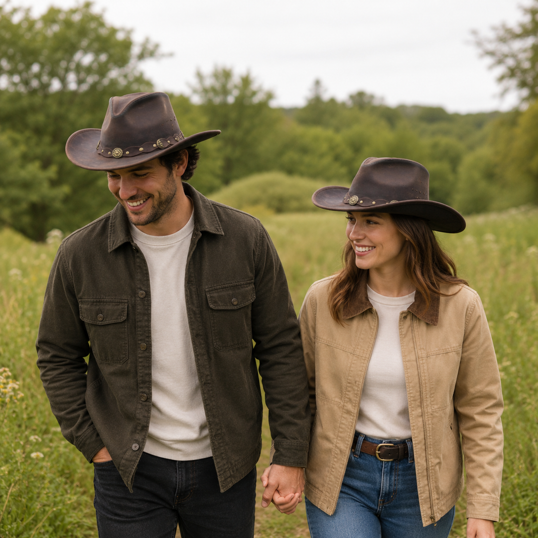 Deadwood Leather Cowboy Hat for Men &amp; Women - Handcrafted Genuine Leather with Conchos Band, Distressed Western Hat