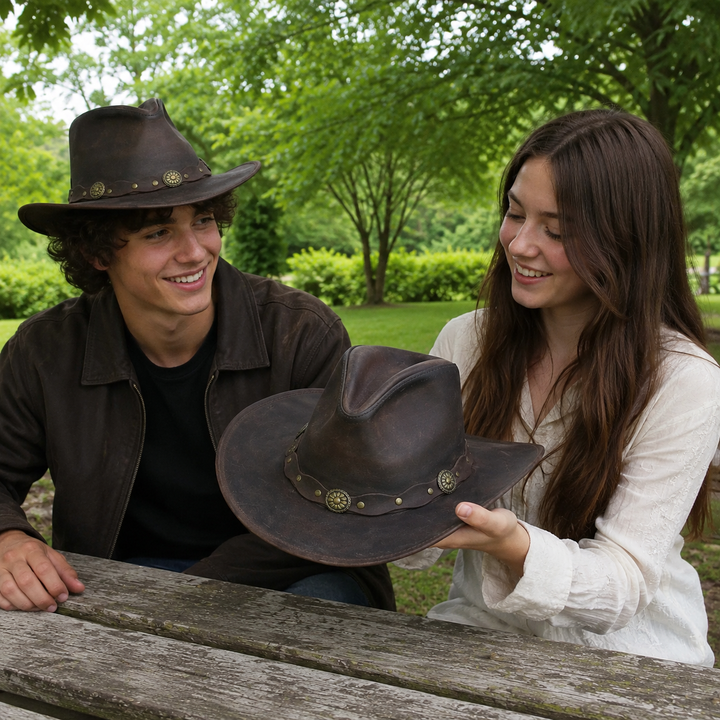 Deadwood Leather Cowboy Hat for Men &amp; Women - Handcrafted Genuine Leather with Conchos Band, Distressed Western Hat